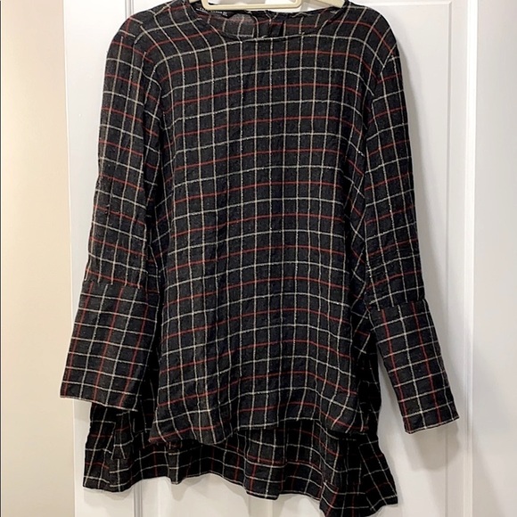 Zara Tops - Zara Plaid Sparkle Long Sleeve High Low Top with 3-Button Sleeves Size L